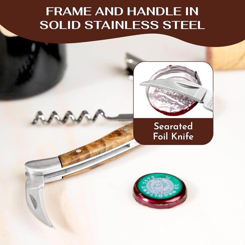 Wine Chic The Premium Professional Corkscrew Wine Opener with Elegant Wood Handle, Manual Wine Key with Foil Knife and Cap Bottle Opener for Bartenders, Waiters and Sommeliers - Image 5